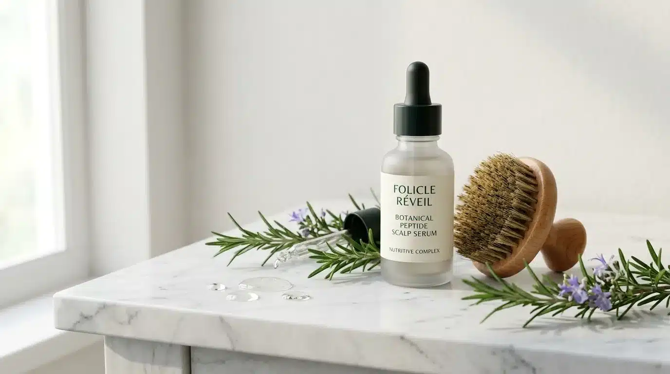 Aumentar densidad capilar: cuidados e ingredientes Frasco de sérum de péptidos para densidad capilar con pipeta, cepillo de cerdas y romero fresco sobre mármol