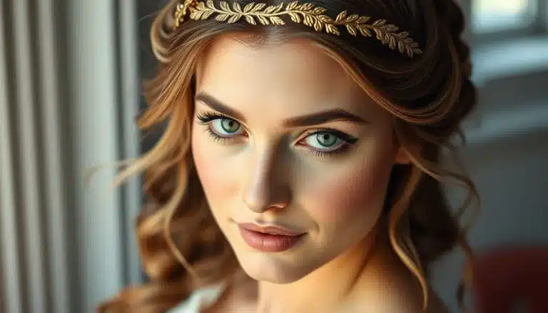 Peinado semirecogido estilo diosa griega con diadema de hojas doradas y ondas deshechas