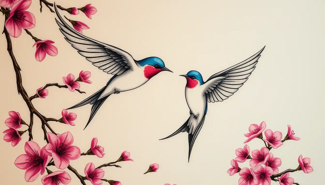 Significado de golondrinas tatuadas: simbolismo e ideas de diseño Ilustración artística de dos golondrinas en vuelo estilo tradicional y neo tradicional con flores