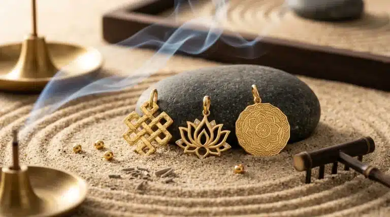 Colgantes de oro con símbolos sagrados del karma: nudo sin fin, loto y mandala sobre arena zen