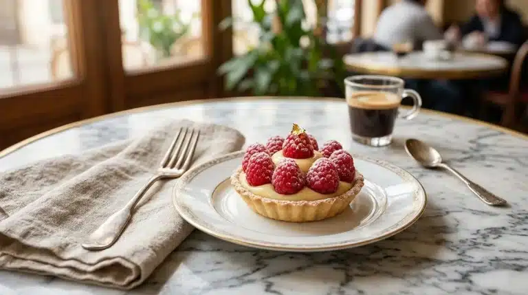 Tartaleta artesanal de frambuesas frescas con crema de vainilla y hoja de oro sobre plato de porcelana fina