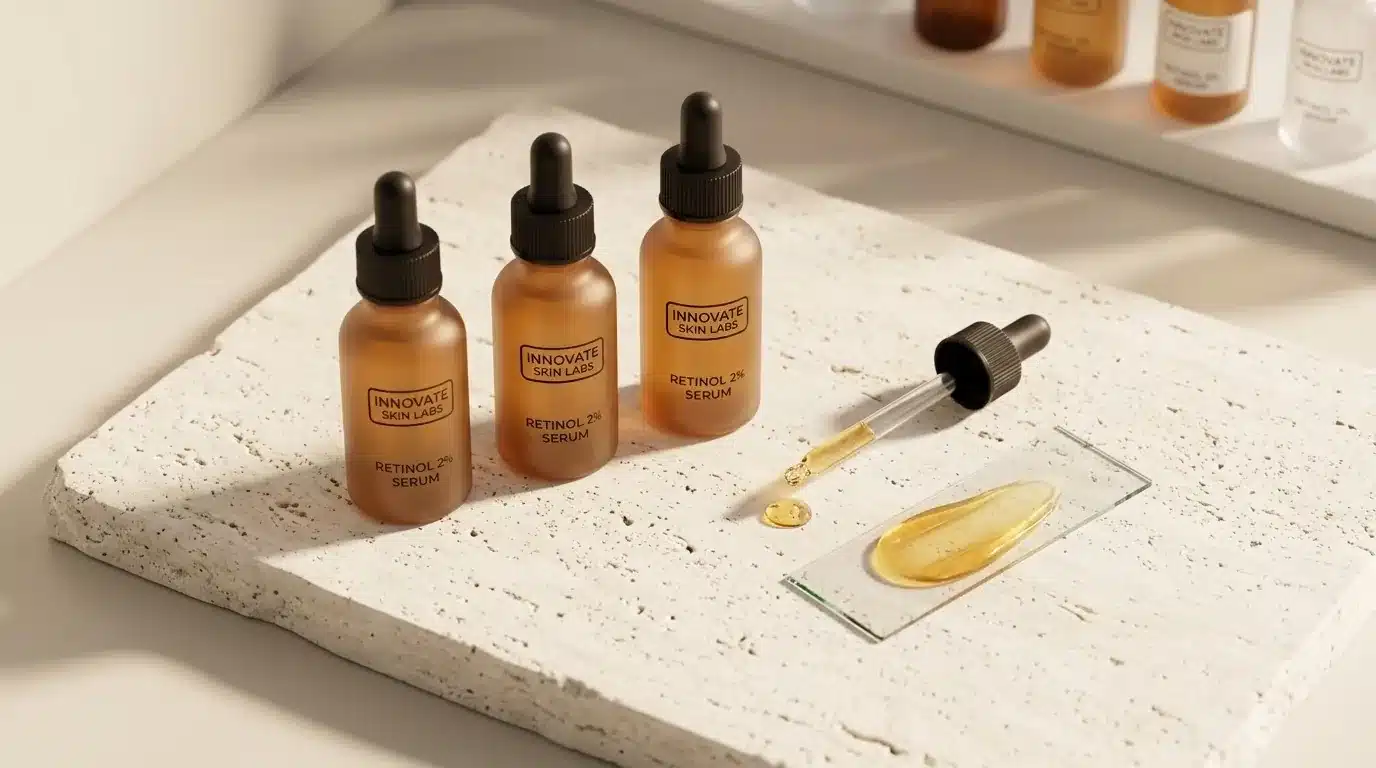 The Ordinary retinol opiniones: qué porcentaje elegir (0,2% a 1%) Frascos cuentagotas de The Ordinary Retinol en escualano al 0.2%, 0.5% y 1% sobre peana de mármol con muestra de sérum dorado en portaobjetos de laboratorio cosmético.