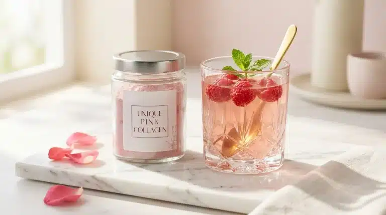 Tarro de Unique Pink Collagen y vaso de cristal con infusión rosa embellecedora y frambuesas