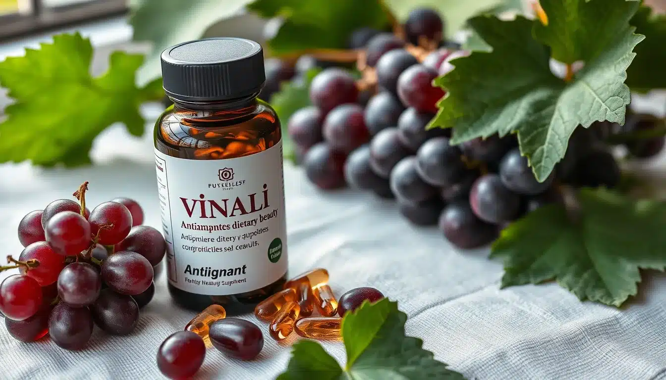 Vinali opiniones: descubre lo que nuestros clientes piensan Bote de cápsulas antioxidantes Vinali con extracto de semilla de uva y vitamina C junto a uvas rojas