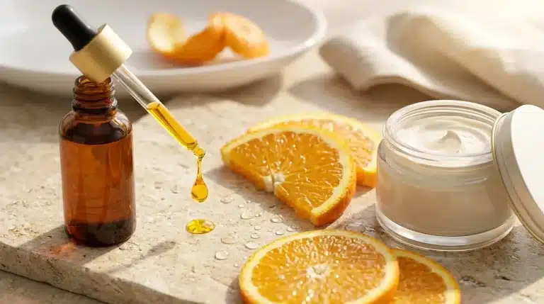 Frasco gotero de sérum de Vitamina C al 20%, rodajas de naranja fresca y crema iluminadora