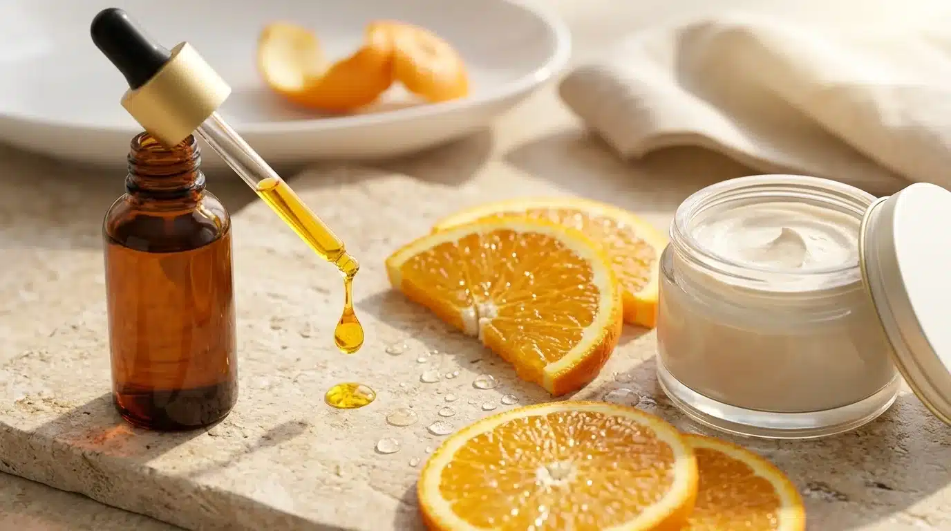 Vitamina C Revox: opiniones, concentración al 20% y rutina Frasco gotero de sérum de Vitamina C al 20%, rodajas de naranja fresca y crema iluminadora