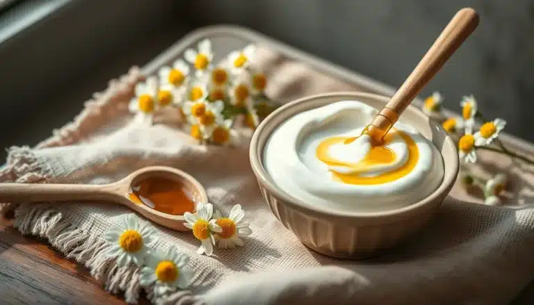 Mascarilla natural de yogur griego con miel cruda y flores de manzanilla para piel sensible