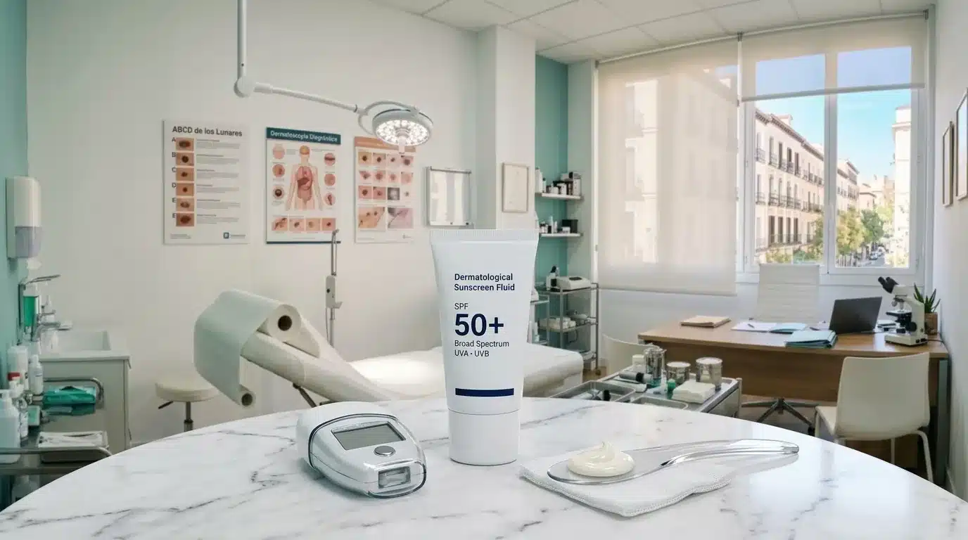 Altruist protector solar: SPF 30 y 50, UVA y gama facial Tubo de protección solar dermatológica Altruist SPF 50+ con sensor UV y muestra fluida en espátula sobre mesa de consulta clínica.