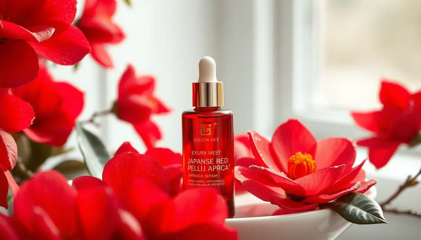 Camelia rojas: características, claves y consejos Sérum antioxidante de flor de camelia roja japonesa sobre piedra cerámica con pétalos frescos