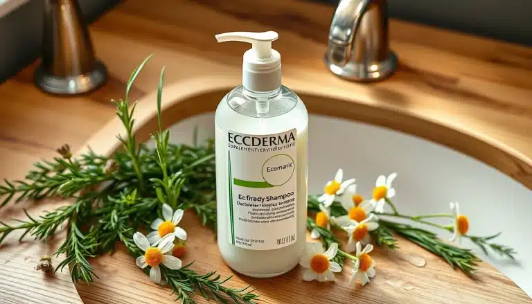 Envase de champú natural Ecoderma con ingredientes biodegradables y extractos botánicos sobre madera