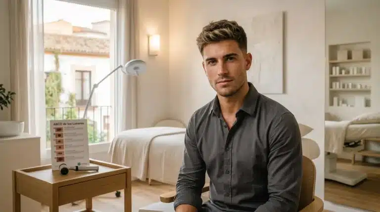 Estilismo capilar masculino en salón con mechas rubias sutiles en cabello corto y luz natural