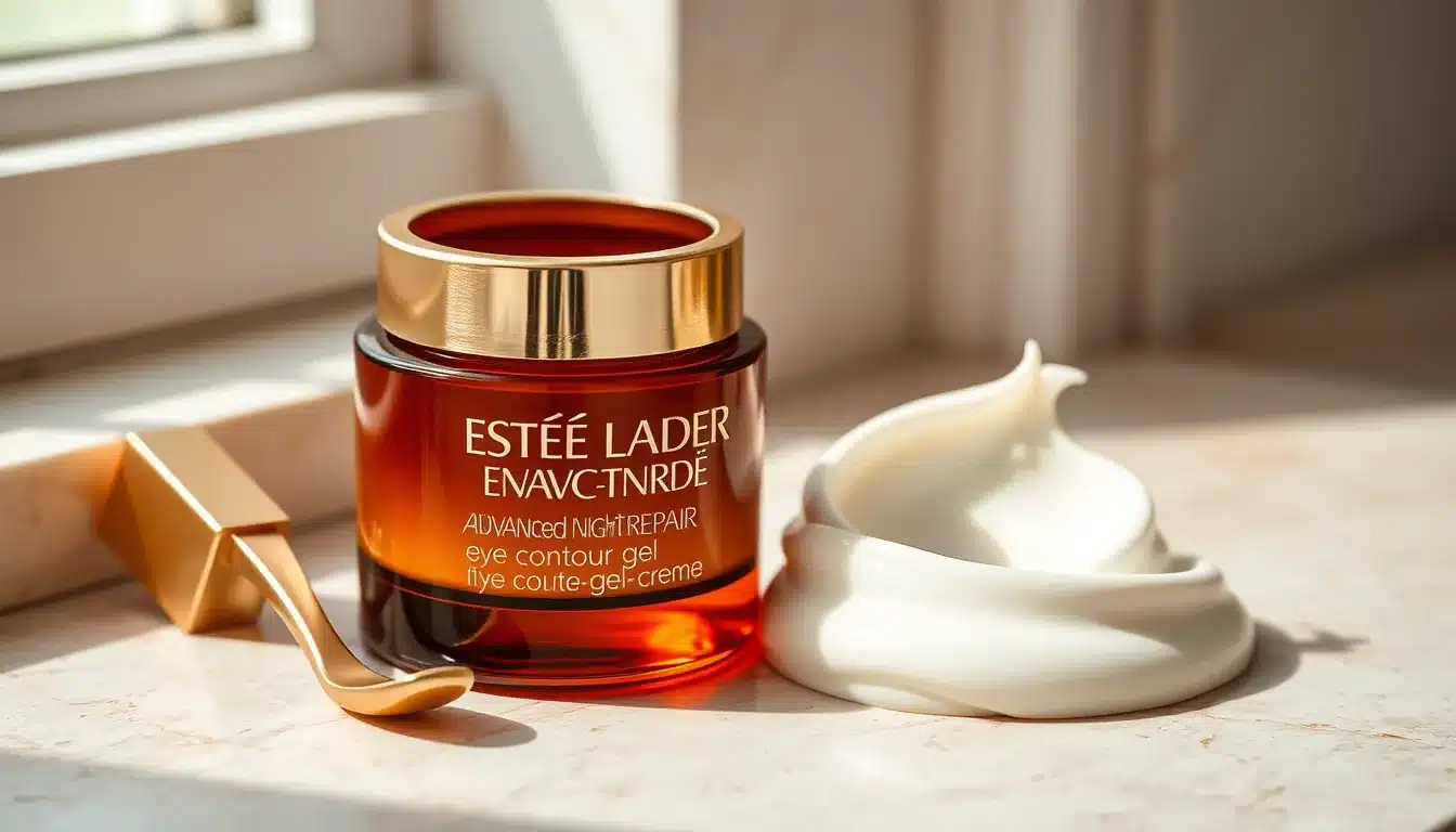Mejor contorno de ojos Estée Lauder: beneficios y guía Tarro ámbar de contorno de ojos Estée Lauder Advanced Night Repair Eye Supercharged Gel-Crème sobre tocador