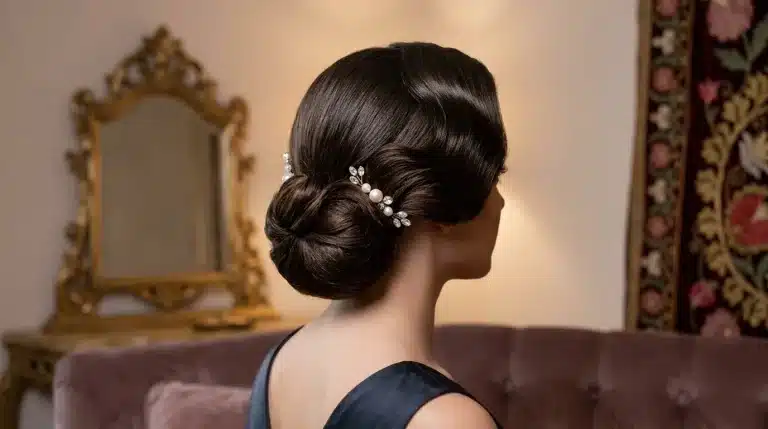 Moño bajo pulido con ondas al agua estilo Old Hollywood y horquillas joya de perlas en tocador con espejo barroco dorado.