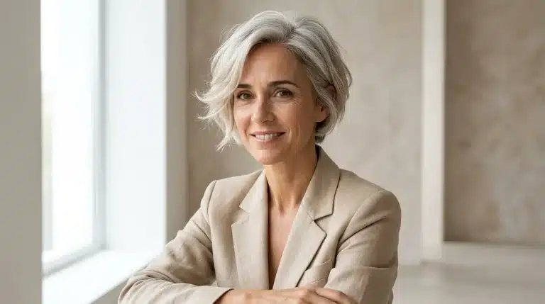 Retrato editorial de mujer elegante de 50 años con corte pixie texturizado sofisticado y chaqueta beige