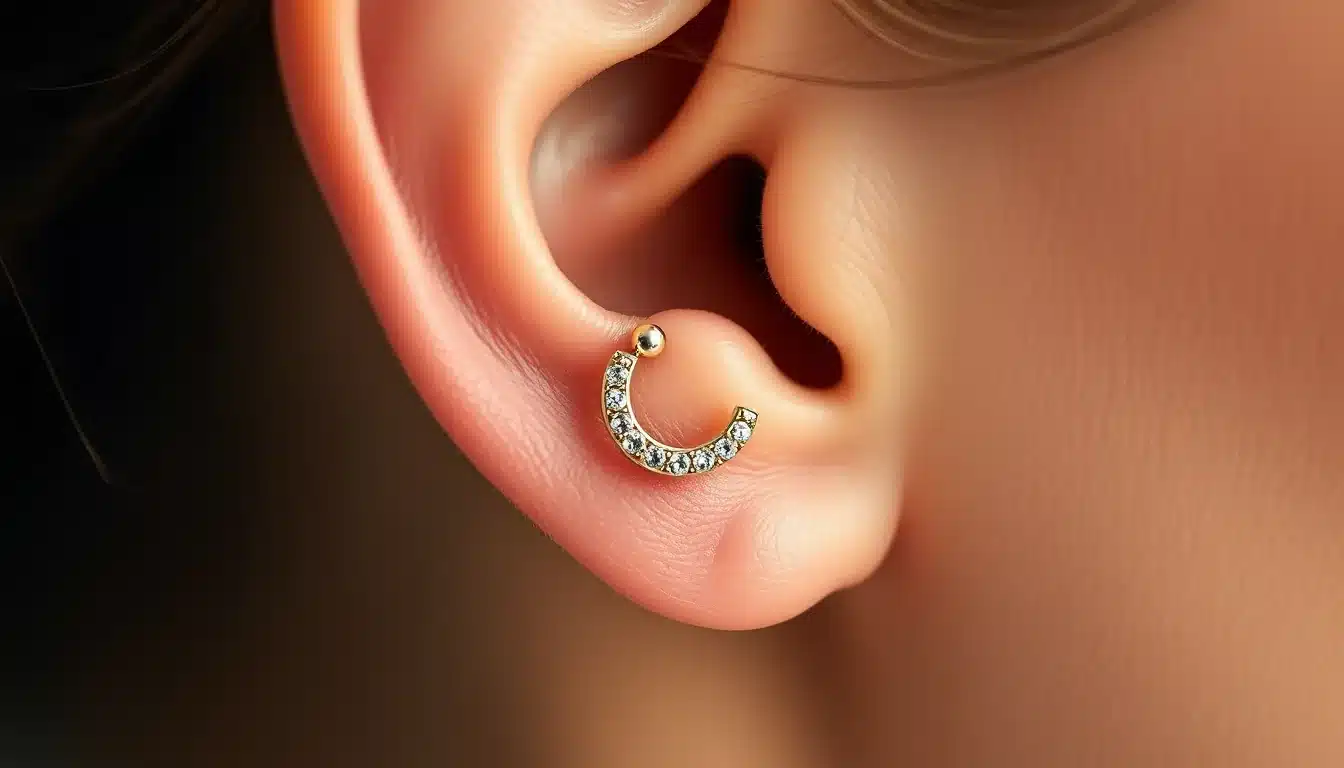 Piercing Conch en la concha interna del cartílago de la oreja con aro de oro y circonitas