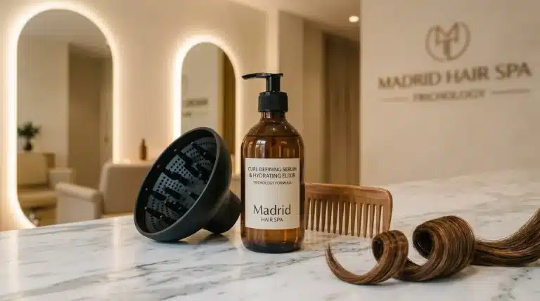 Frasco dosificador de sérum activador de rizos con difusor profesional de secador, peine de madera y bucles definidos sobre mármol.