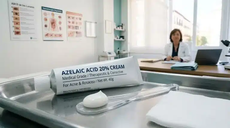 Tubo de crema de ácido azelaico al 20% en bandeja quirúrgica de acero con espátula médica y dermatóloga en consulta.