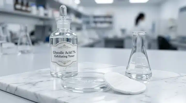 Formulación de ácido glicólico 7% AHA con matraz Erlenmeyer, disco de algodón y solución exfoliante en laboratorio cosmético.