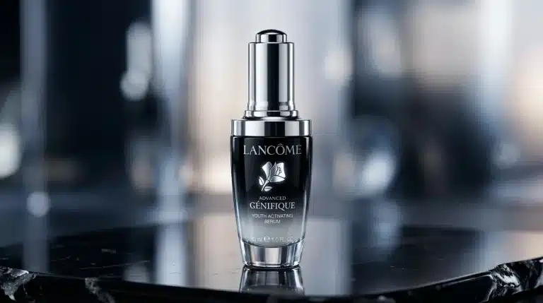 Sérum facial Lancôme Advanced Génifique con dispensador de botón sobre piedra negra pulida