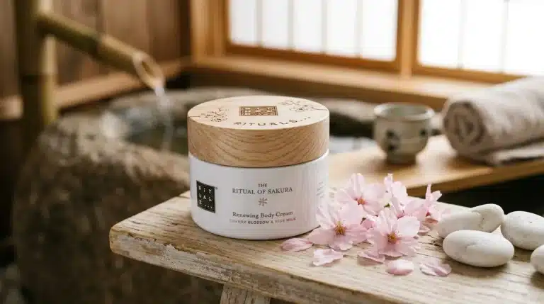 Tarro de crema nutritiva Rituals The Ritual of Sakura con tapa de madera y flores rosas