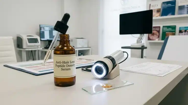 Frasco gotero de sérum de péptidos anticaída con tricoscopio dermatológico de anillo LED en consulta de tricología capilar.