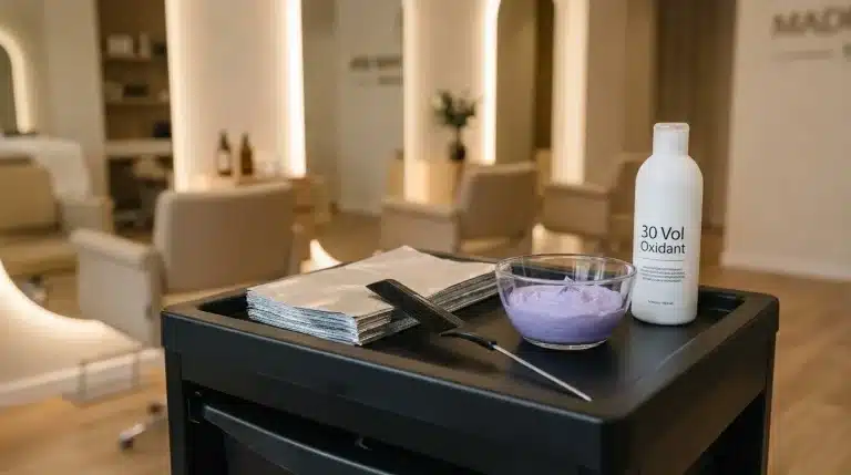 Carrito de balayage en salón con láminas de papel plata, crema aclarante violeta antiamarilleo, peine de púa y oxidante de 30 vol.