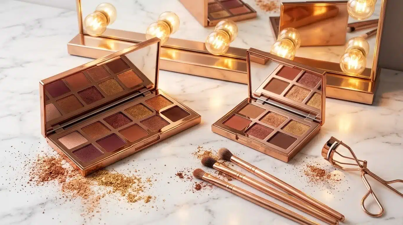 Zoeva paletas: pigmentación, mejores tonos y opiniones Paletas de sombras de ojos en estuches oro rosa con tonos terracota, pinceles difuminadores y rizador sobre tocador con luces Hollywood.