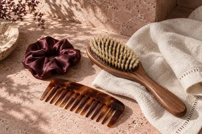 Bodegón editorial de cabello y accesorios de cuidado sobre una superficie marfil.