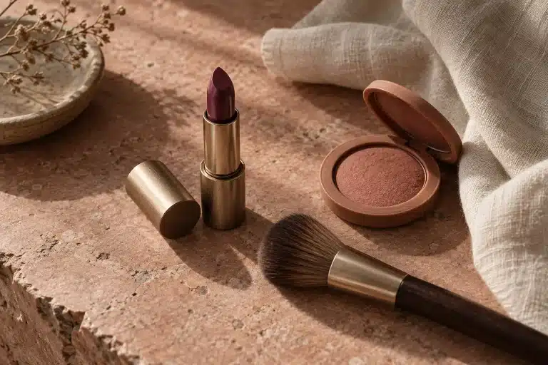 Bodegón editorial de maquillaje y pinceles sobre una superficie rosa arcilla.